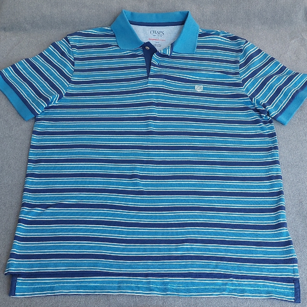 Chaps Men's "The Everyday Polo" Teal & Navy Blue Striped Shirt Size Large